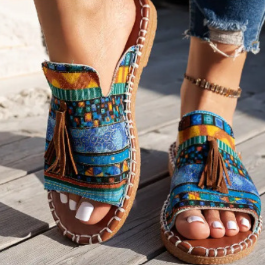 Sandali Boho con Frange per Donna – Comode Ciabatte Estive con Stampa Ethno