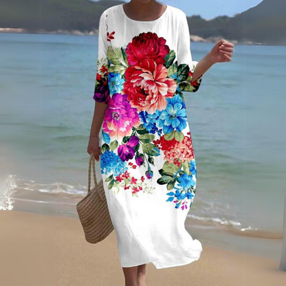 Briselle - Abito Maxy Elegante e Leggero con Stampa Floreale e Maniche a Tre Quarti