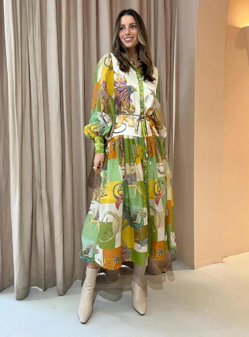 Abito maxy boho con stampa artistica per donne – Elegante abito camicia con cintura