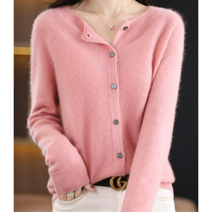 Bérélie - Cardigan da donna con scollo a barca in pura lana merino, stile cashmere, monocolore