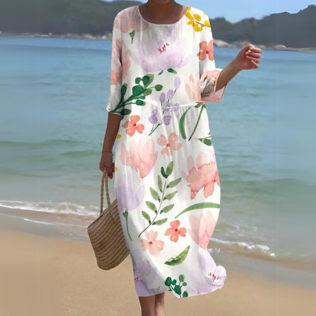 Briselle - Abito Maxy Elegante e Leggero con Stampa Floreale e Maniche a Tre Quarti