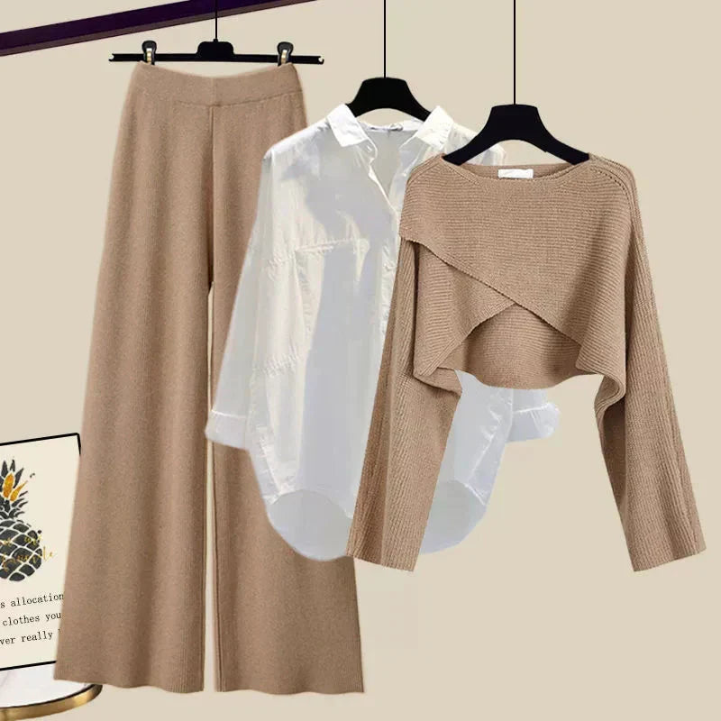 Elegante set di abbigliamento a 3 pezzi per donne con pantaloni larghi, camicia e moderno pullover corto