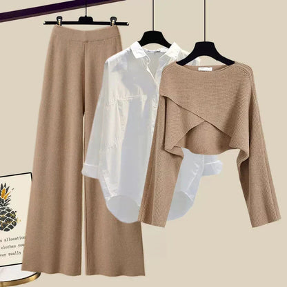 Elegante set di abbigliamento a 3 pezzi per donne con pantaloni larghi, camicia e moderno pullover corto