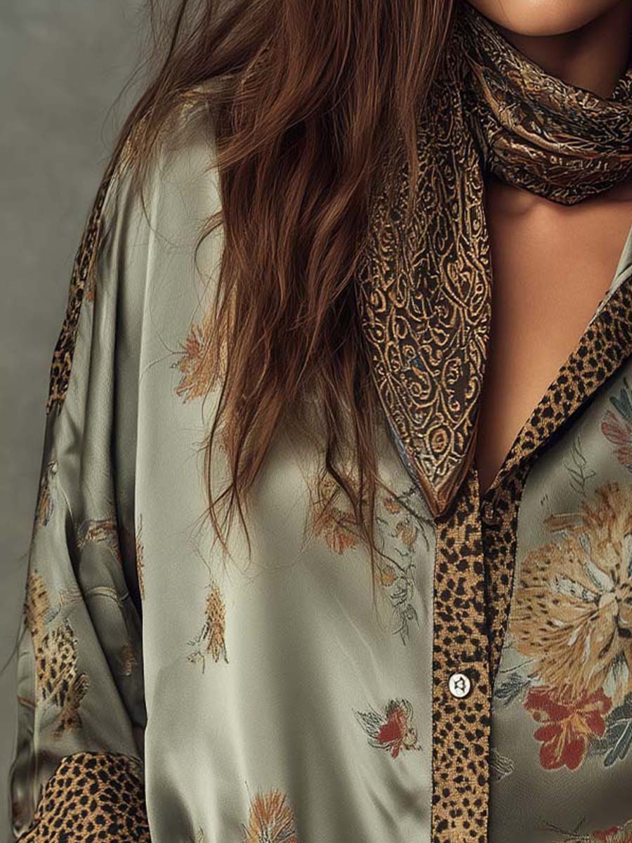 Elegante camicetta in satin con stampa floreale per donne – Camicia a maniche lunghe dal look boho