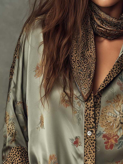 Elegante camicetta in satin con stampa floreale per donne – Camicia a maniche lunghe dal look boho
