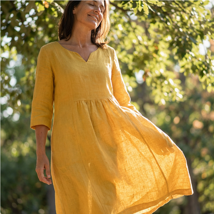 Abito midi estivo leggero in lino – Abito casual arioso con scollatura a V per donne