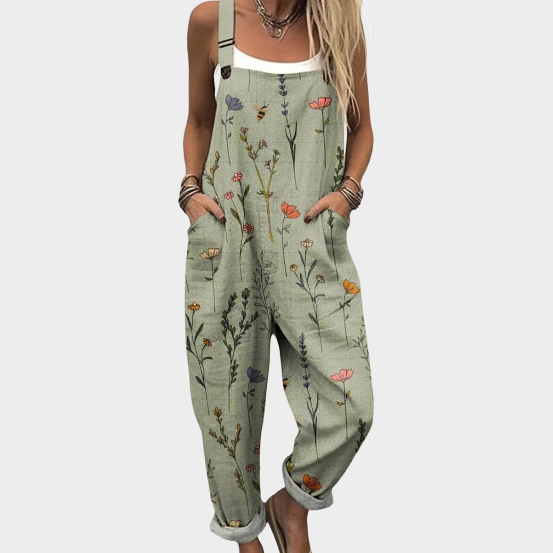 Tuta casual con stampa floreale e spalline – Comodo overall estivo con tasche per donne