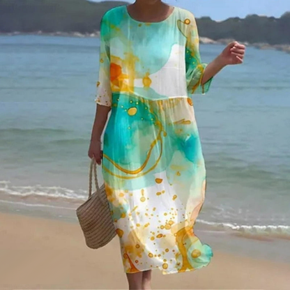 Briselle - Abito Maxy Elegante e Leggero con Stampa Floreale e Maniche a Tre Quarti