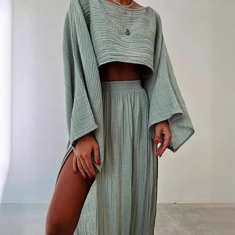 Alizenne - Completo estivo leggero ed elegante in lino per le vacanze, composto da un crop top a maniche lunghe con taglio ampio e una maxi gonna con doppio spacco laterale