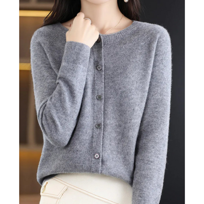 Bérélie - Cardigan da donna con scollo a barca in pura lana merino, stile cashmere, monocolore