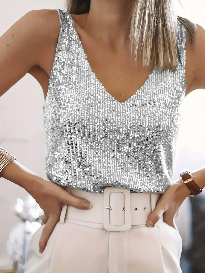 Délisse - Top estivo senza maniche con paillettes e scollatura a V per donne