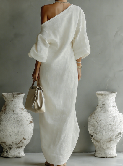 Sabine - Abito Maxy Avorio con Spallina in Cotone-Lino