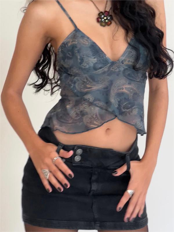 Vaïone - Top corto in mesh asimmetrico per donne con scollo a V e sottili spalline