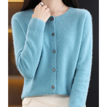 Bérélie - Cardigan da donna con scollo a barca in pura lana merino, stile cashmere, monocolore