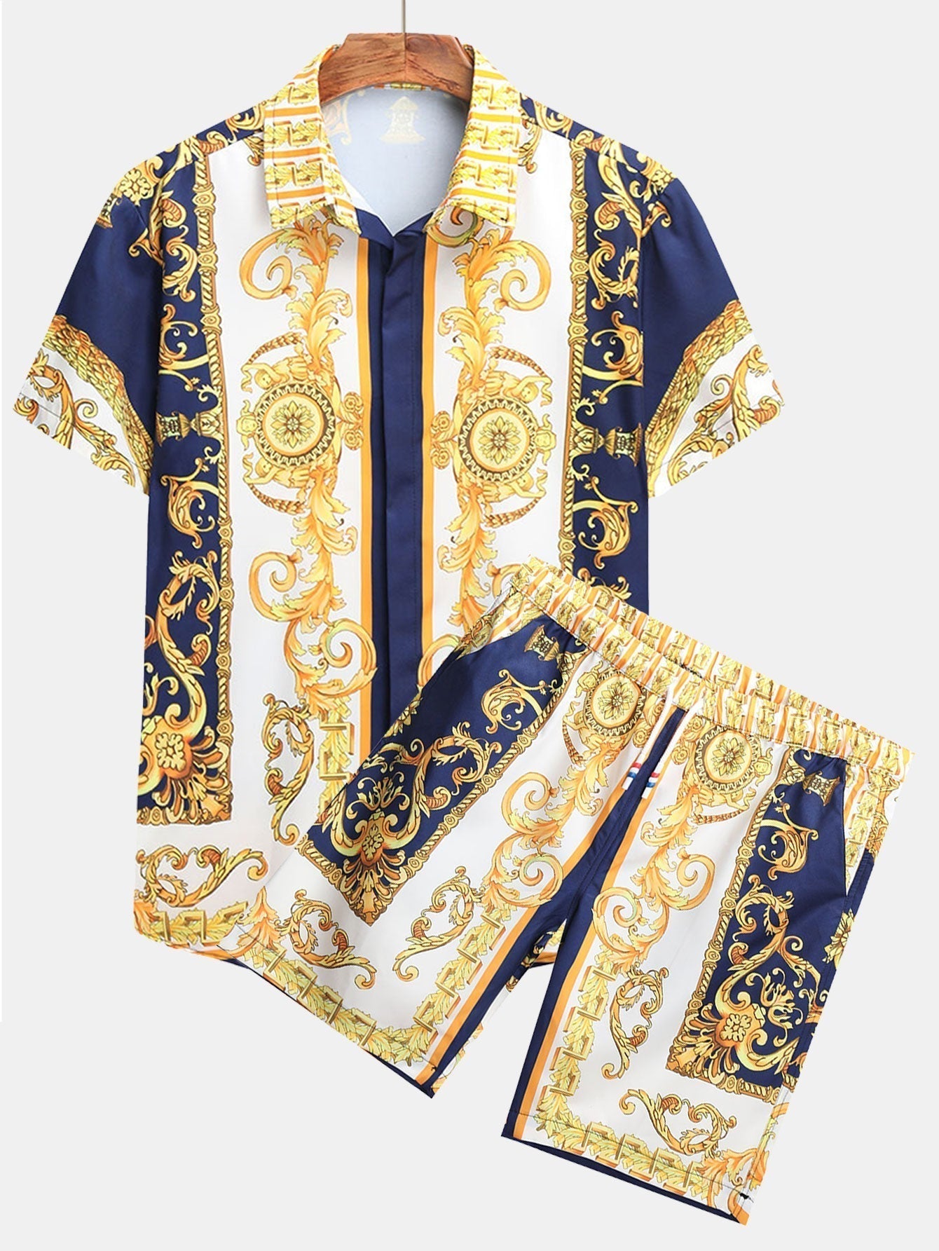 Set estivo elegante con stampa barocca – Camicia a maniche corte e pantaloni corti per uomini