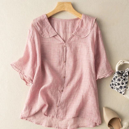 Blusa estiva leggera da donna con colletto – Blusa corta in stile lino