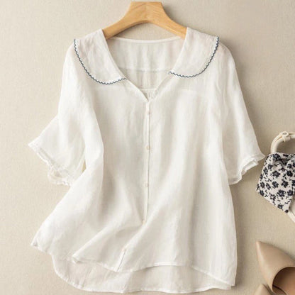 Leggera blusa estiva da donna con colletto – Blusa corta in stile lino