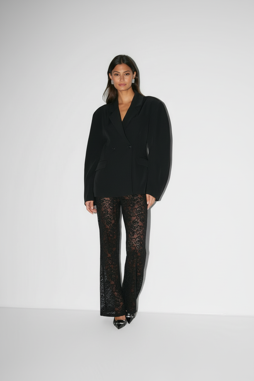 Mirazelle - Pantaloni lunghi da donna con sovrapposizione in pizzo floreale trasparente