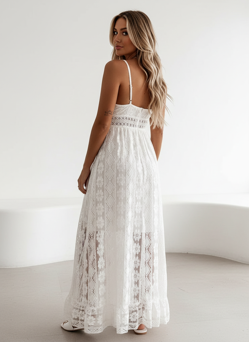 Maëlyne - Indispensabile in estate | Abito maxi femminile in pizzo bianco con spalline sottili, scollo a V e finitura a pois