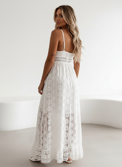 Maëlyne - Indispensabile in estate | Abito maxi femminile in pizzo bianco con spalline sottili, scollo a V e finitura a pois