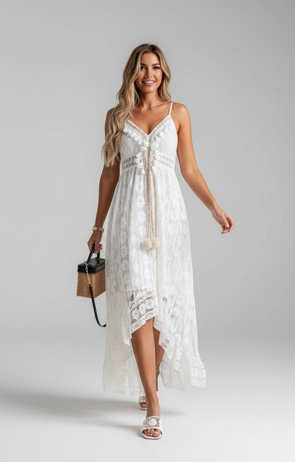 Maëlyne - Indispensabile in estate | Abito maxi femminile in pizzo bianco con spalline sottili, scollo a V e finitura a pois