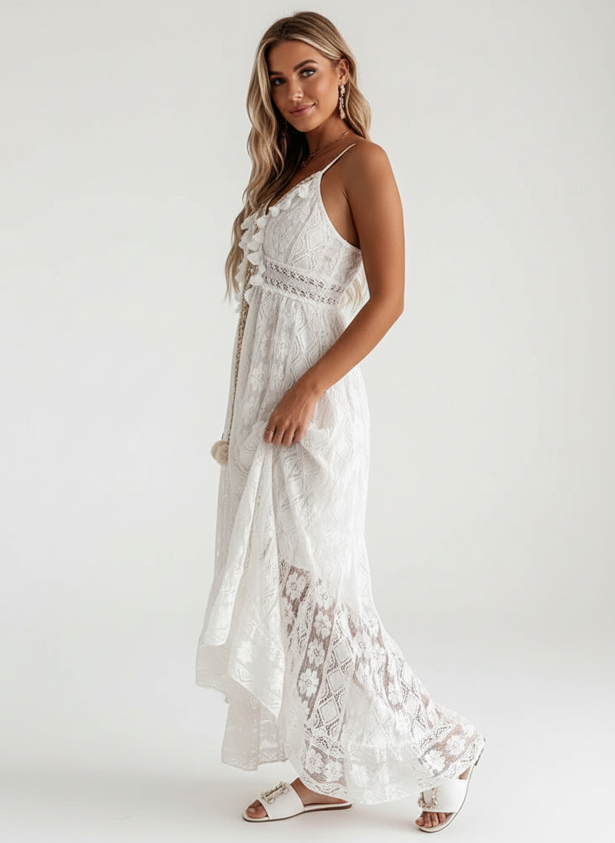 Maëlyne - Indispensabile in estate | Abito maxi femminile in pizzo bianco con spalline sottili, scollo a V e finitura a pois