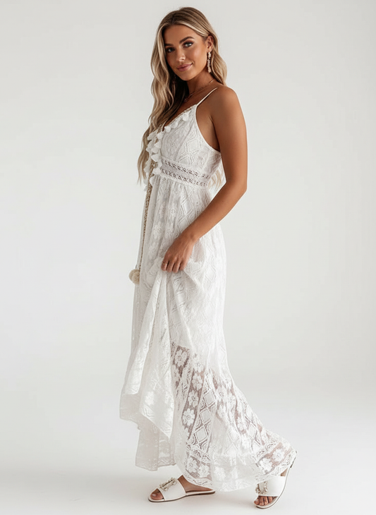 Maëlyne - Indispensabile in estate | Abito maxi femminile in pizzo bianco con spalline sottili, scollo a V e finitura a pois