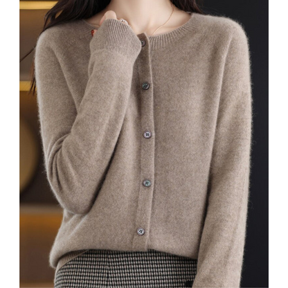 Bérélie - Cardigan da donna con scollo a barca in pura lana merino, stile cashmere, monocolore