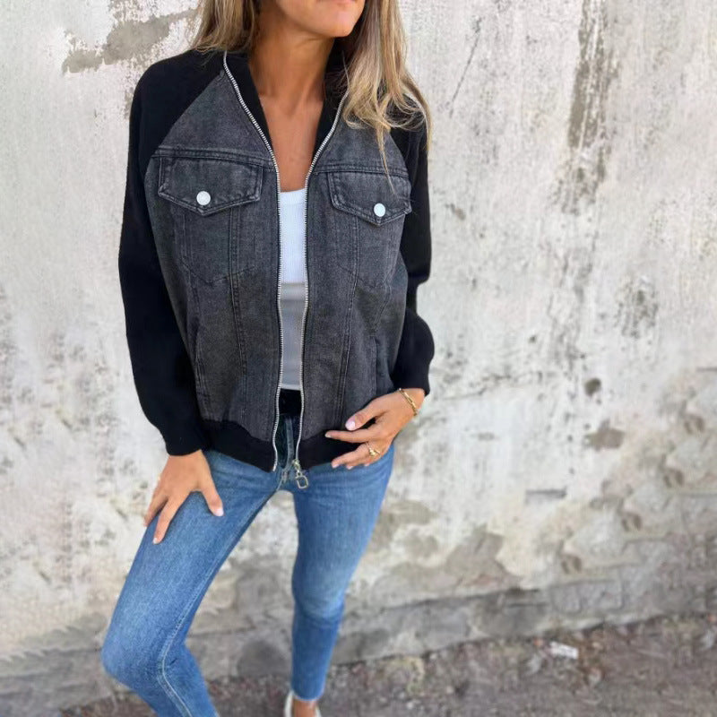 Aurélora - Gilet per donne in denim e jersey, con zip e cappuccio