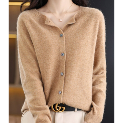 Bérélie - Cardigan da donna con scollo a barca in pura lana merino, stile cashmere, monocolore