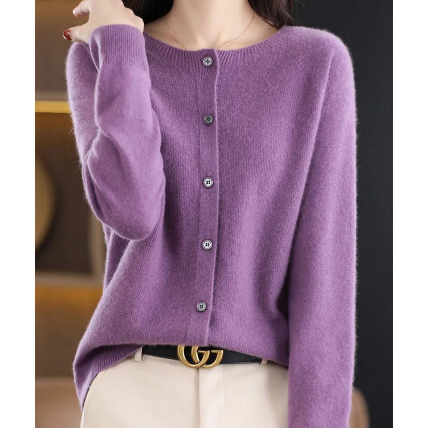 Bérélie - Cardigan da donna con scollo a barca in pura lana merino, stile cashmere, monocolore