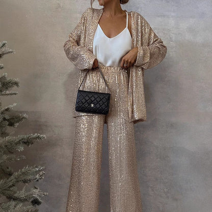 Set di Paillettes Brillanti per Donne – Elegante Due Pezzi con Pantaloni Larghi