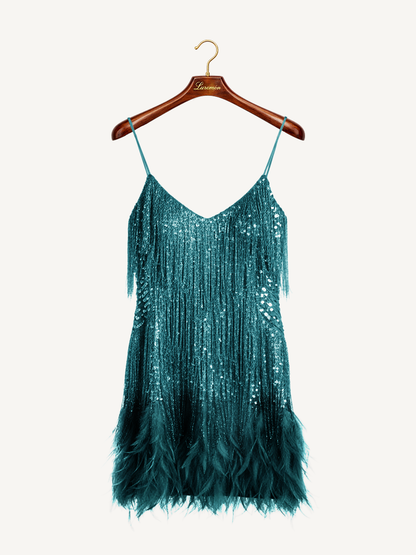 Elegante Abito con Paillettes e Frange per Donne – Glamouroso Abito da Cocktail per Feste con Orlo di Piume