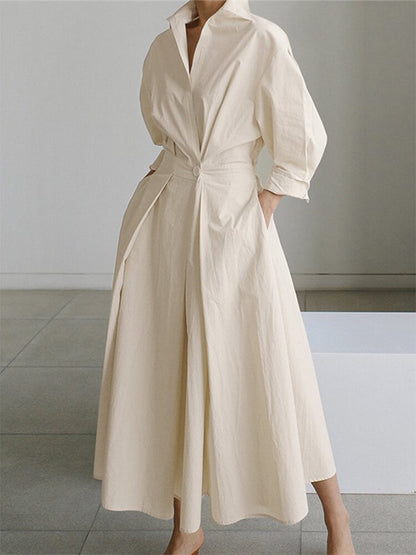 Elegante vestito midi a camicia per donne con vita sagomata e taglio fluido