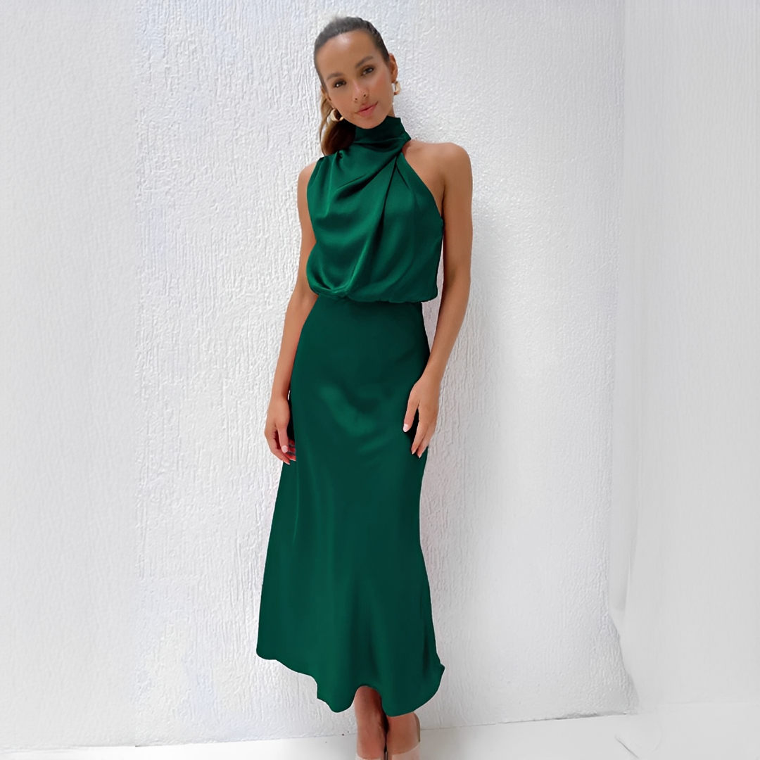 Aurivine - Elegante abito lungo in seta con scollo all'americana e vita sagomata | Fai colpo questa primavera e estate