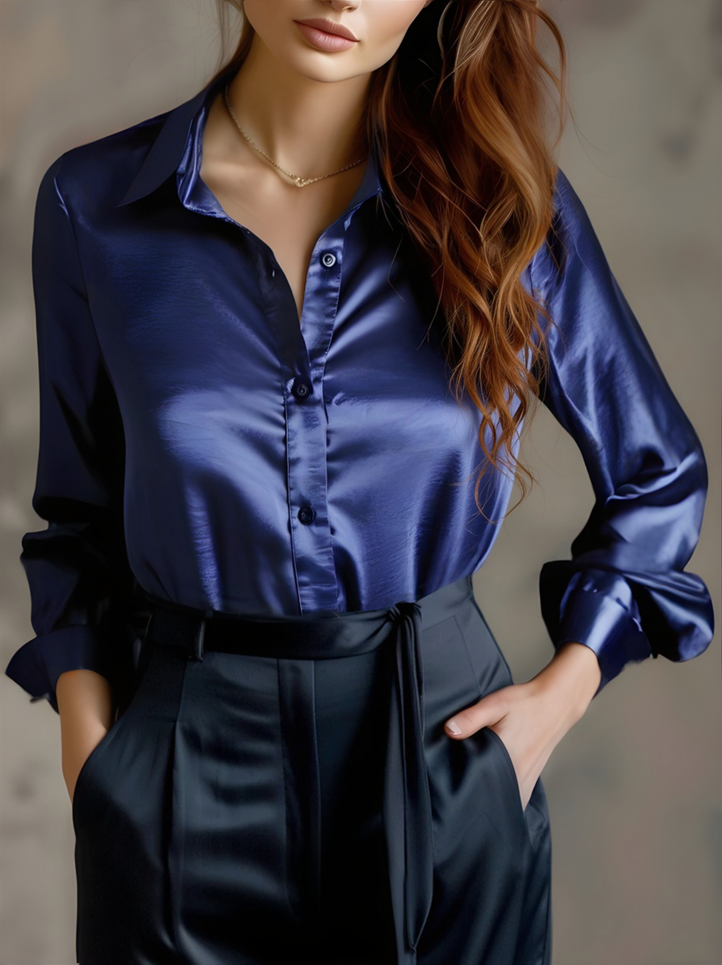 Avelina - Elegante blusa in satin nero con maniche lunghe per donne