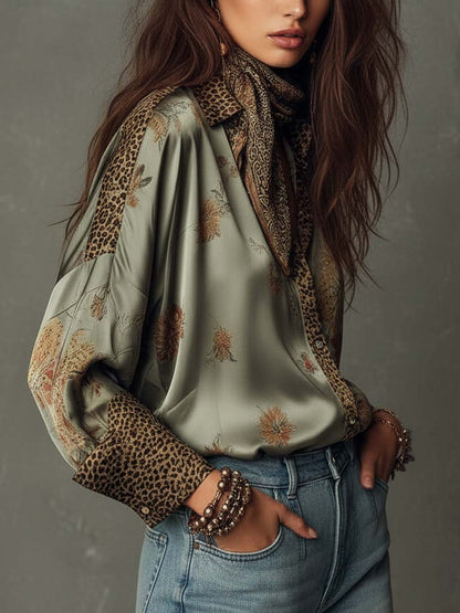 Elegante camicetta in satin con stampa floreale per donne – Camicia a maniche lunghe dal look boho