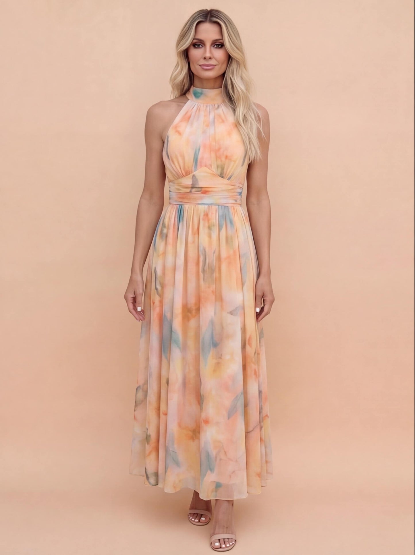 Elegante Maxikleid für Damen – Luftiges Sommerkleid mit Halterneck & fließendem Fall