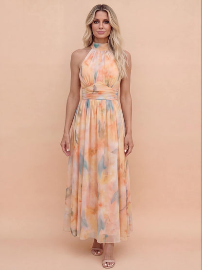 Elegante Maxikleid für Damen – Luftiges Sommerkleid mit Halterneck & fließendem Fall