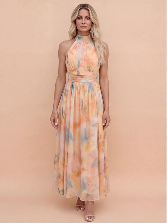 Elegante Maxikleid für Damen – Luftiges Sommerkleid mit Halterneck & fließendem Fall
