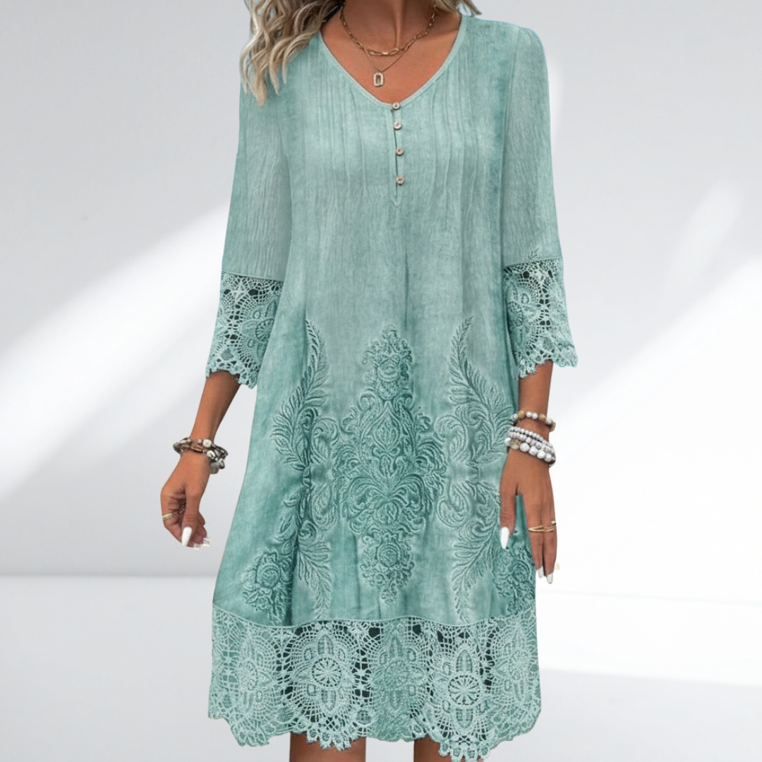 Abito midi elegante con pizzo per donne – Vestito estivo morbido con scollatura a V e design ornamentale