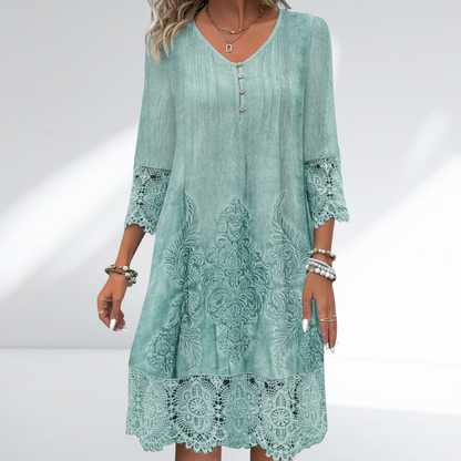 Abito midi elegante con pizzo per donne – Vestito estivo morbido con scollatura a V e design ornamentale