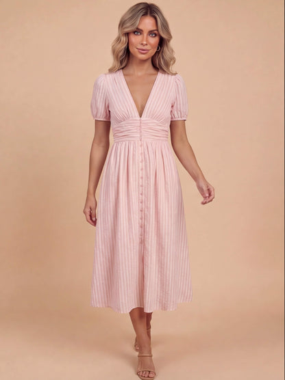 Abito Midi Elegante per Donne – Vestito Estivo con Scollatura a V, Maniche a Palloncino e Vita Sottolineata