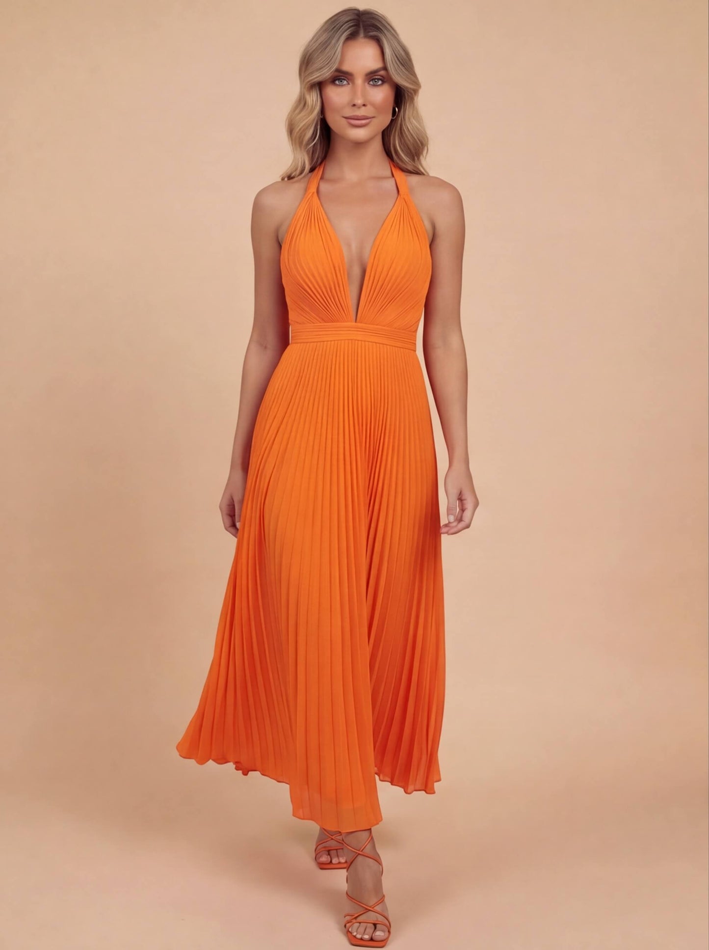 Elegante Maxikleid für Damen – Plissiertes Abendkleid mit Neckholder & tiefem V-Ausschnitt