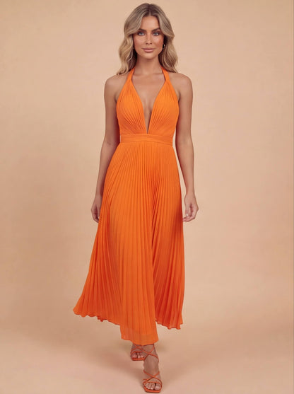 Elegante Maxikleid für Damen – Plissiertes Abendkleid mit Neckholder & tiefem V-Ausschnitt
