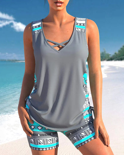 Completo da spiaggia per donne – Set tankini senza maniche con motivo etnico e pantaloni shorts comodi