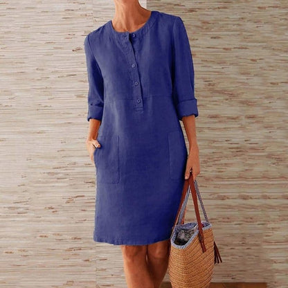 Abito midi con bottoni per donne – Abito casual con tasche e maniche 3/4