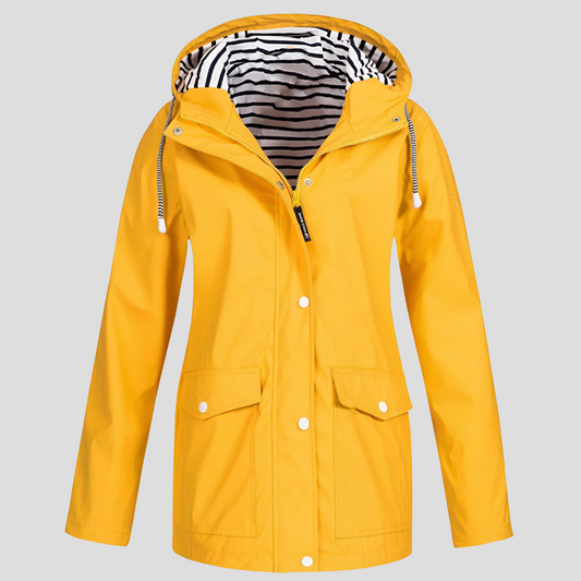 Camille - Giacca impermeabile con protezione dal vento e fodera interna a righe orizzontali in colore esterno uniforme, con tasche
