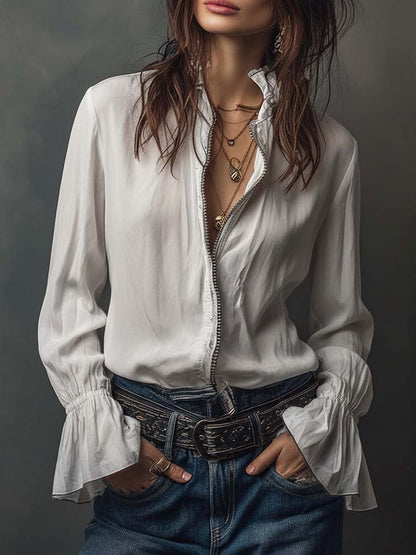 Ambréline - Blusa Bianca Romantica per Donne con Maniche Lunghe e Ampie