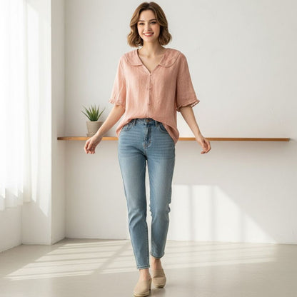 Blusa estiva leggera da donna con colletto – Blusa corta in stile lino